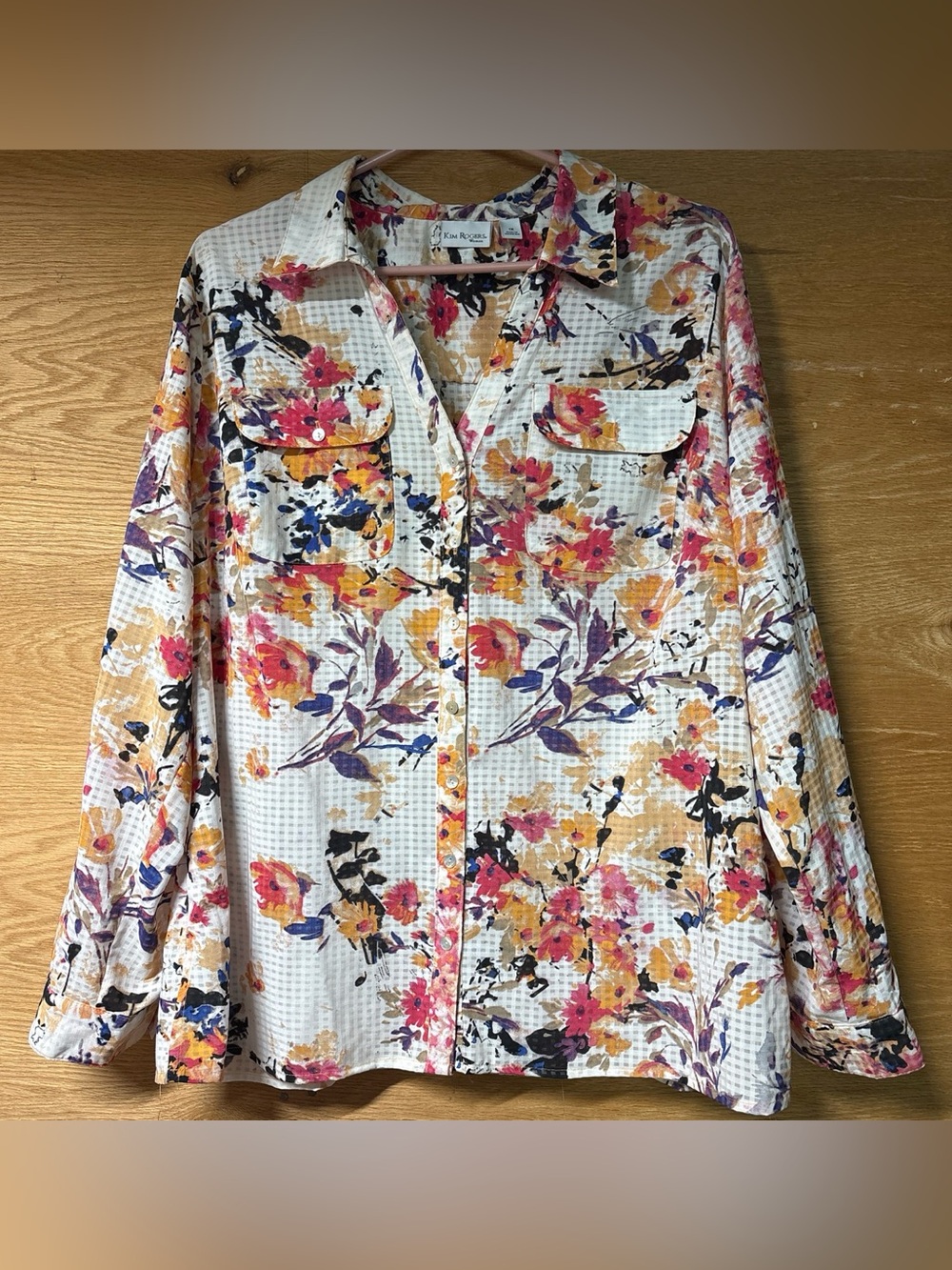 Kim Rogers White Floral Button-Up Blouse with Yellow, Pink & Purple Accents